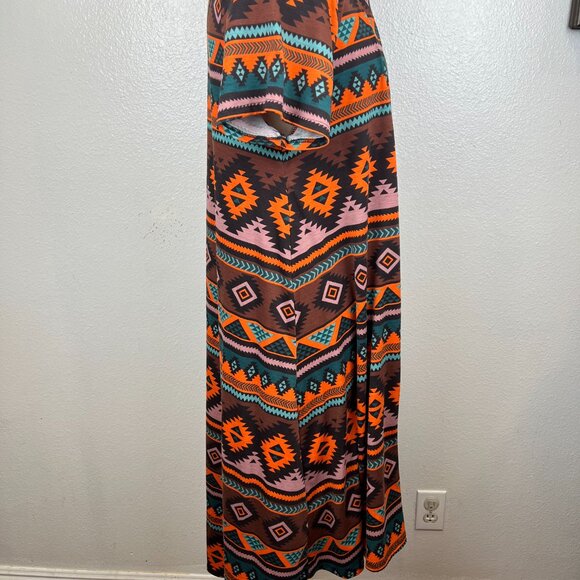 LuLaRoe Carly Orange Teal/Brown Tribal Print Hi-Lo Hem Dress Sz XL - Picture 4 of 8